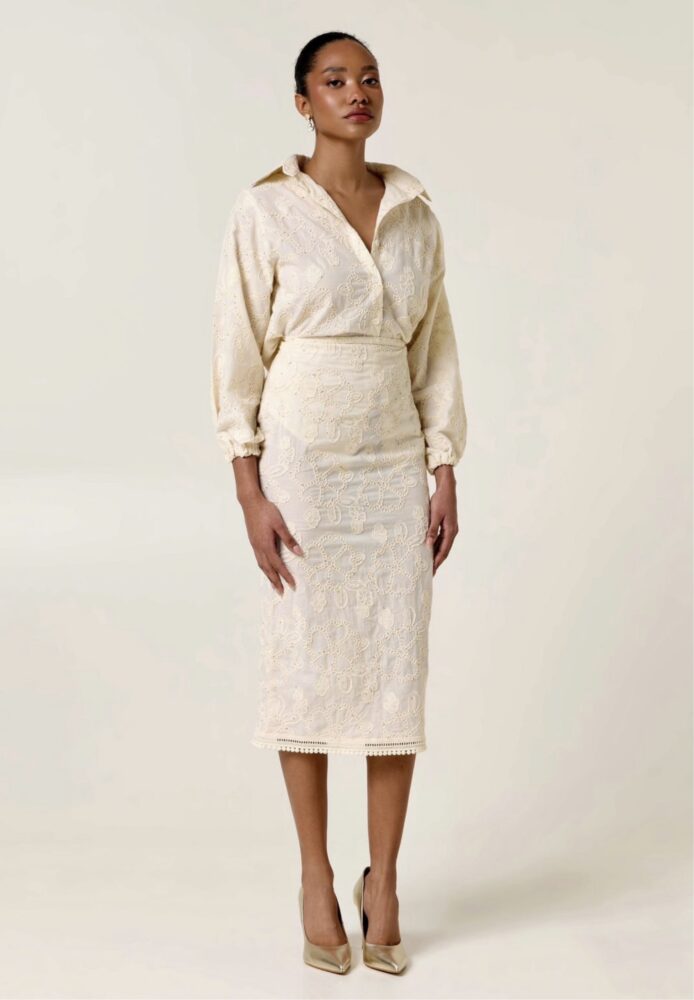 Ivory Embroidered Midi Skirt - Eveleya