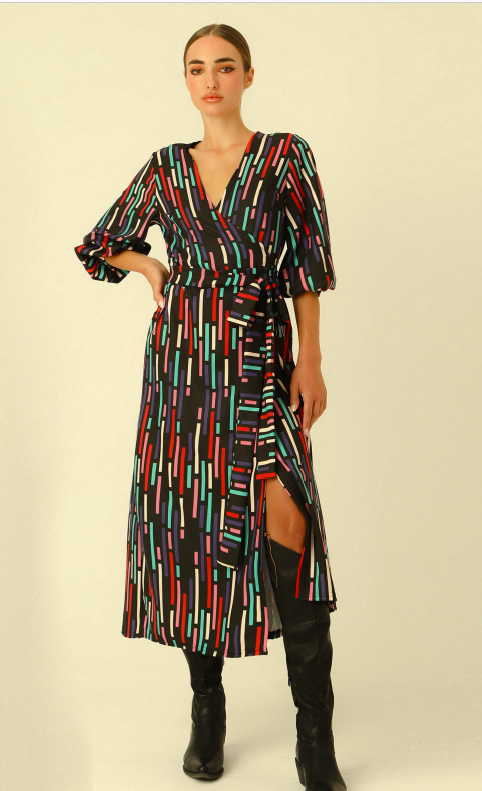 Agnes Midi Wrap Dress (Black) - BeeMe