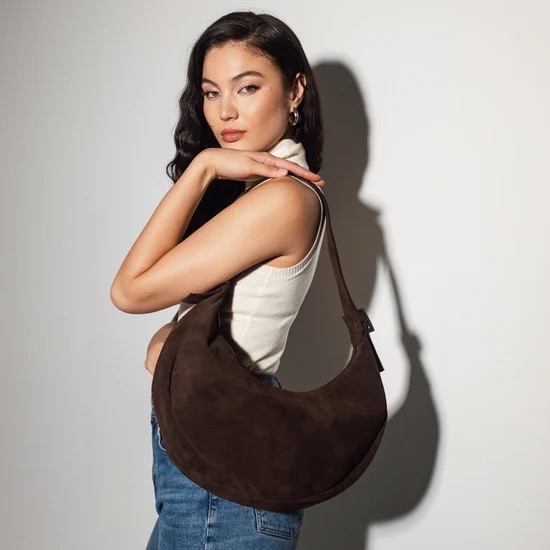 Big Halfmoon Brown Suede Senuine Leather Bag - Clic Jewels