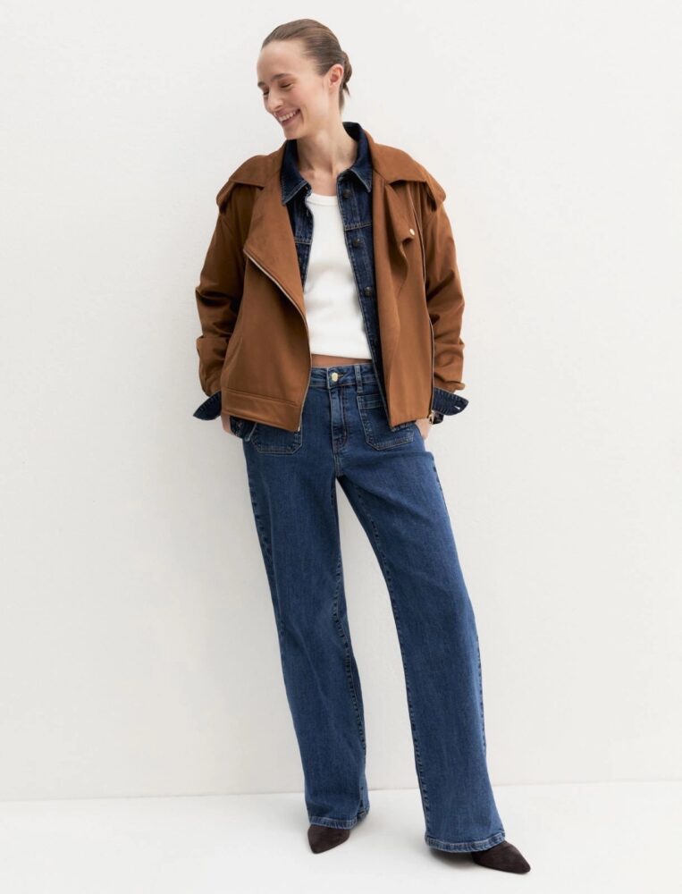 Emmdomino Stretch Jersey Biker Jacket (Cognac) - Emme Marella