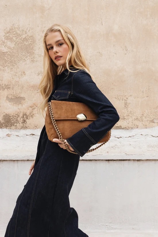 Ciara Large Camel Suede Genuine Leather Bag - Clic Jewels