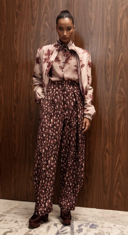 Burgundy Bambi Print Barrel Leg Pants - Eveleya